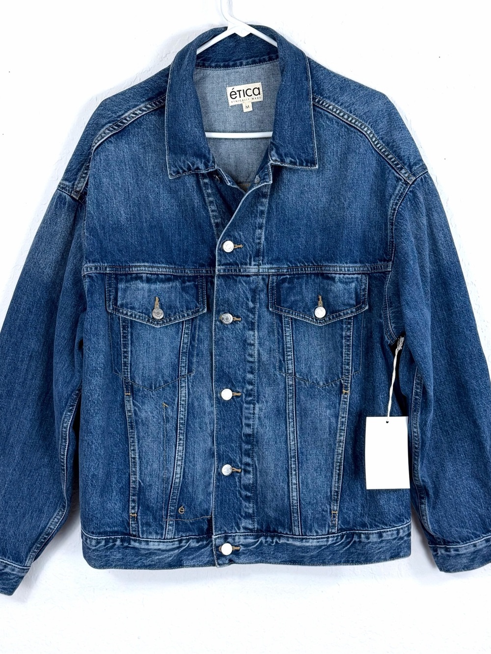 Etica The Backstage Trucker Denim Jacket Woman’s Size M Basalt Blue Pockets NWT